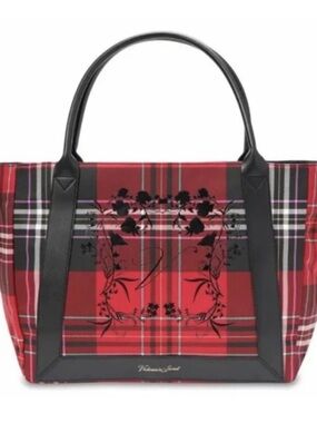 Victoria's Secret Red Plaid Tote with Black Trim and Floral Accent
